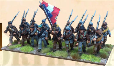 The figures are from the Crusader Miniatures range, using the �right shoulder shift� infantrymen advancing, choosing the short jacket wearing models. All are 28mm metal figures.